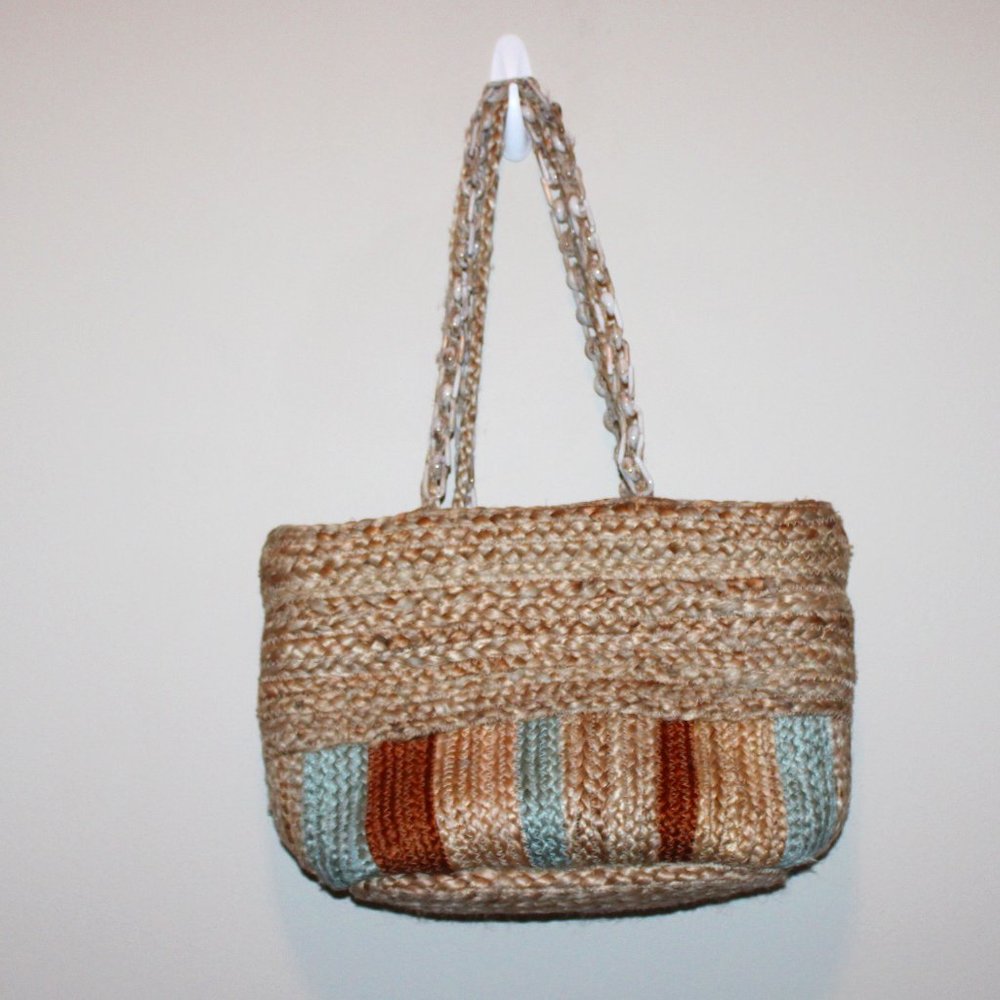 Zara Woman woven jute tote shoulder bag beige‎ lined double strap